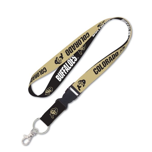 A lanyard with gold on one side with alternating "Colorado" and CU Buffalo logo in back. One side is black with "Buffaloes" in white and CU Buffalo logo in gold.